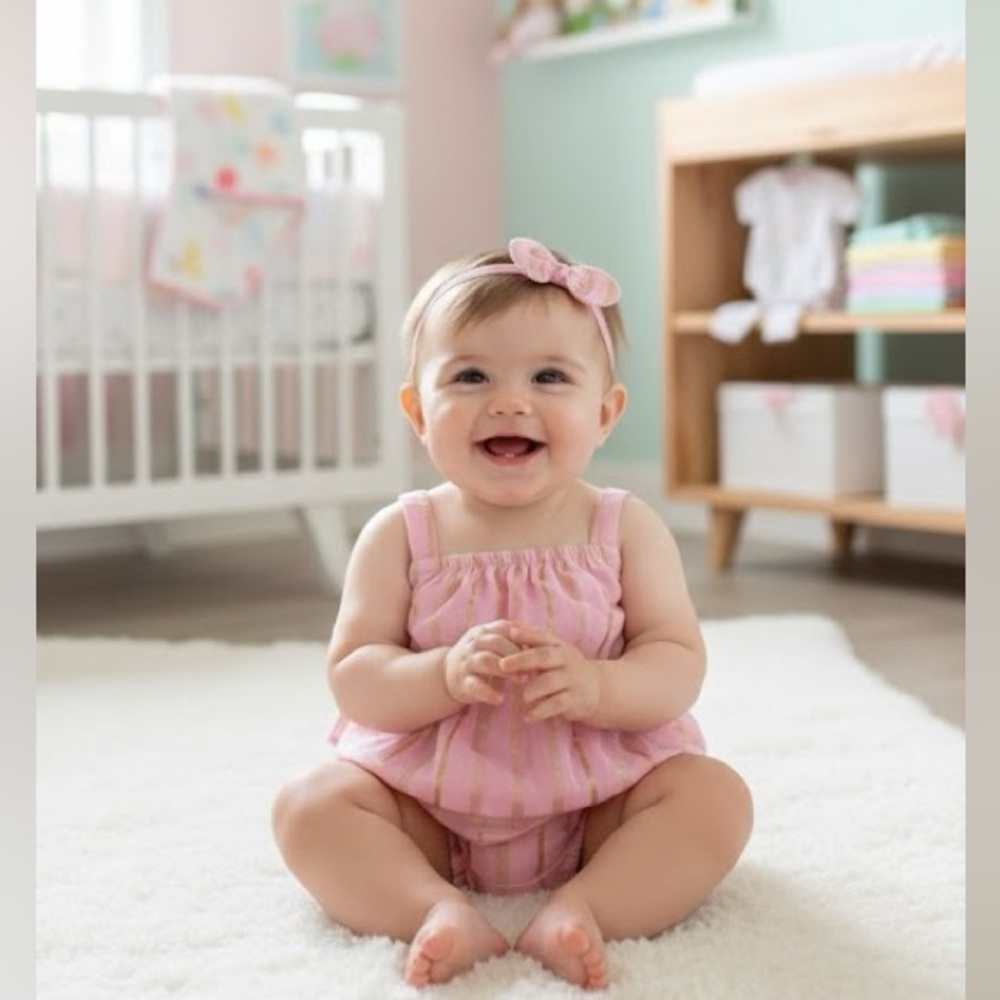 Baby girl outfit size 3/6 pink with gold Stripe shorts set headband sleeveless
